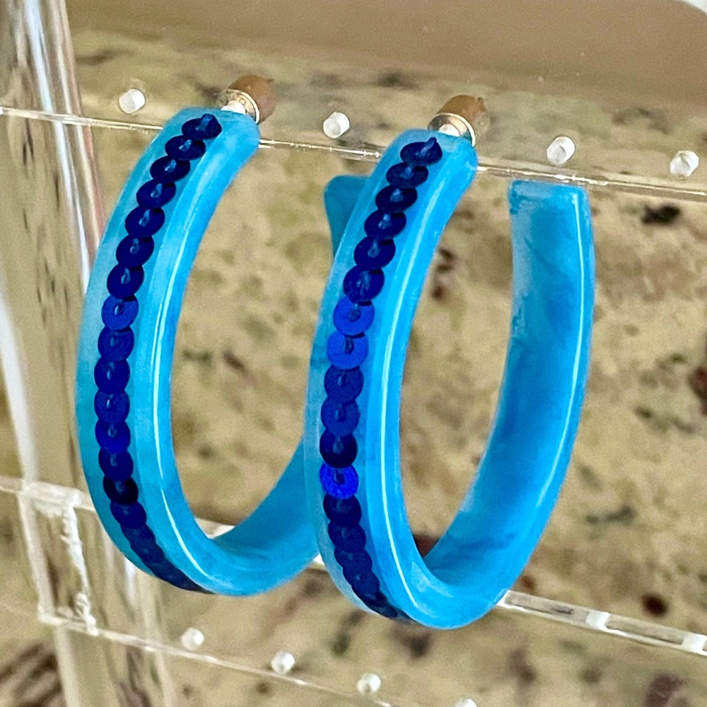 Smith & Co Sequin Hoop Earrings Denim Blue Large Size